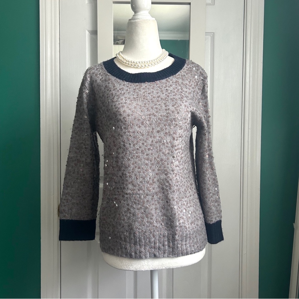 J.Crew Gray Sequin Sweater with Navy Collar Trim S